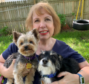 Blond woman holding a Yorkie and Chorkie sitting outside